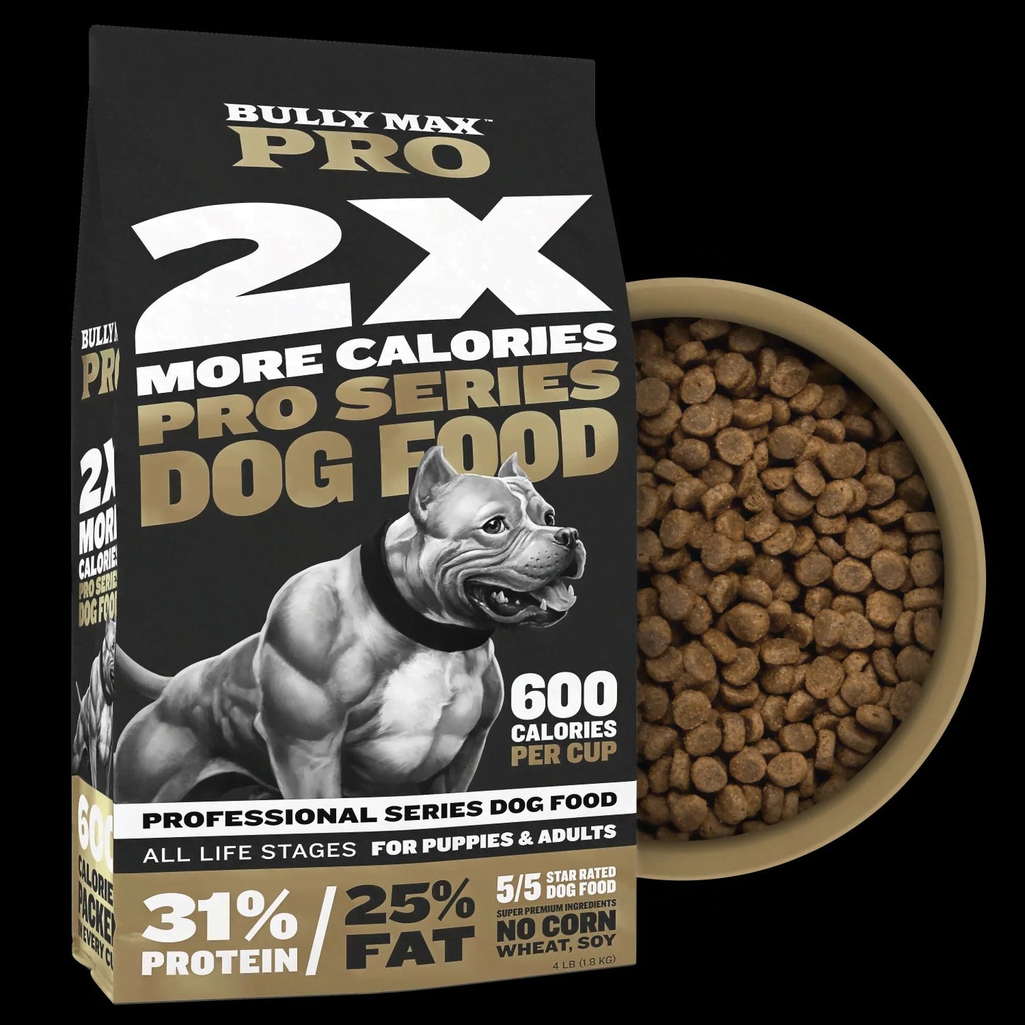 Bully Max Pro 2X High Calorie & High Protein Dry Dog Food for Puppy & Adult Dogs - Weight Gain & Muscle Building - 600 Calories/Cup