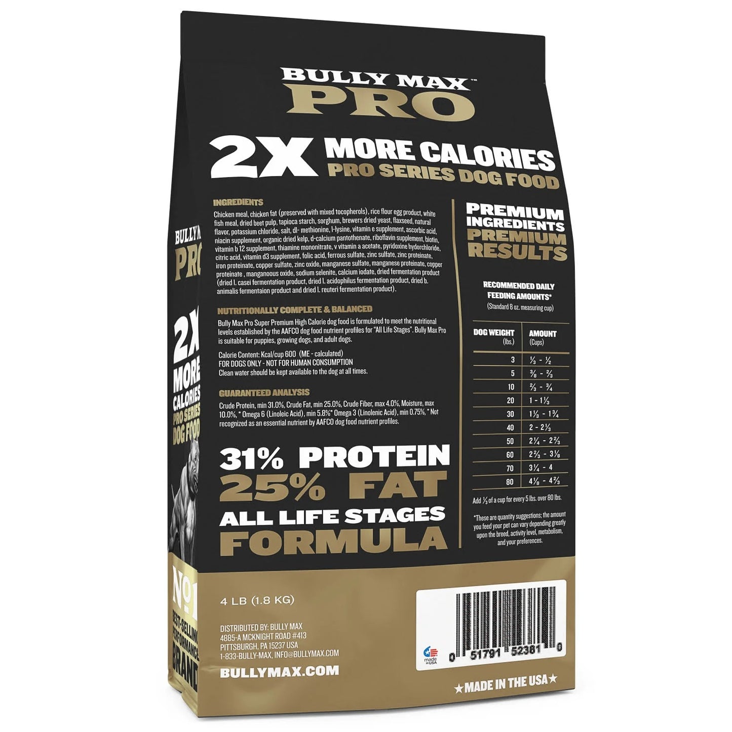 Bully Max Pro 2X High Calorie & High Protein Dry Dog Food for Puppy & Adult Dogs - Weight Gain & Muscle Building - 600 Calories/Cup